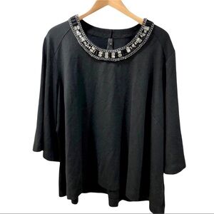 Seven by Melissa McCarthy Jeweled Neck Top 3/4 Length Sleeve Black Size 3X